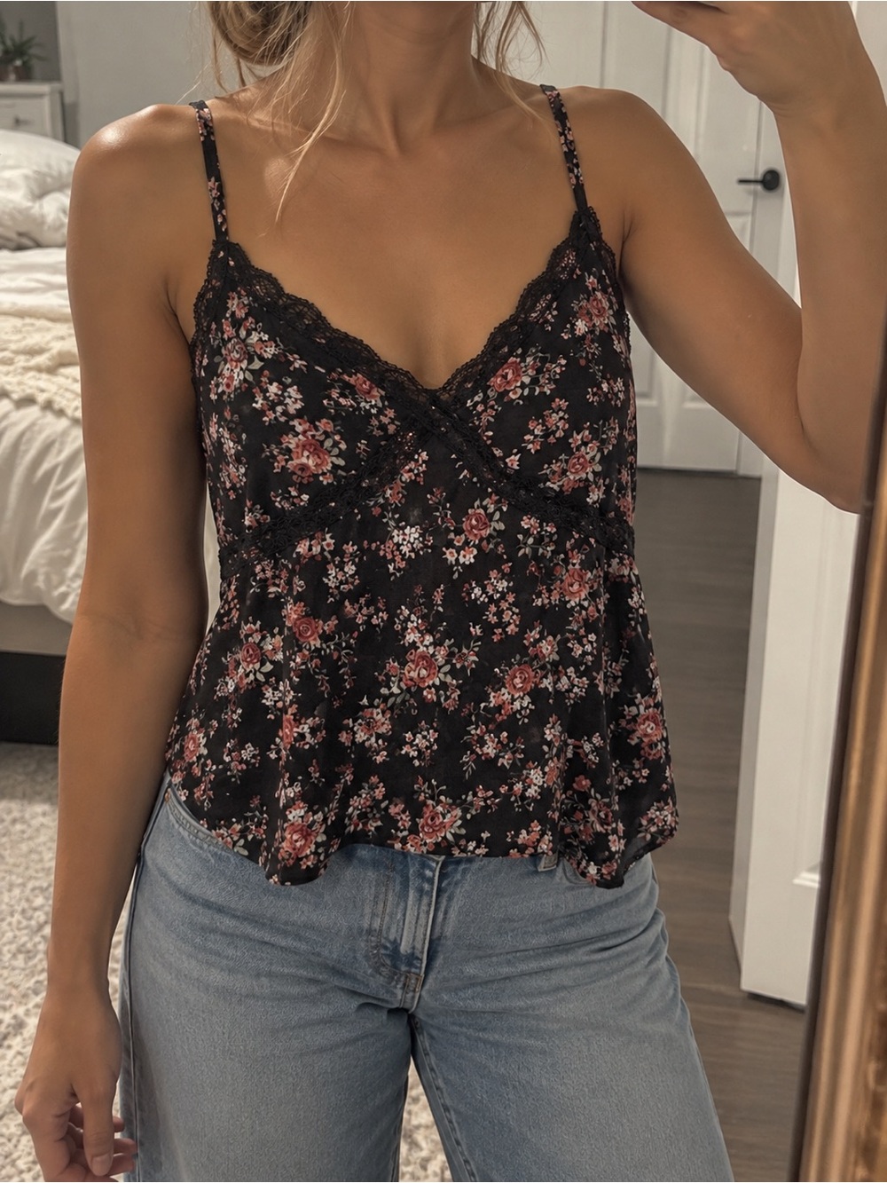 Lace-Trim Floral Cami Tank Top - Black with Pink Floral